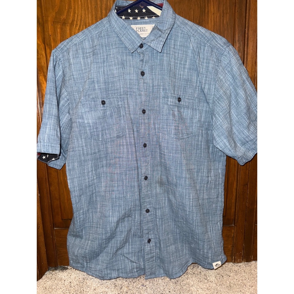 Free Planet Boys Blue Button Down Shirt American Flag Trim Size Large 14/16